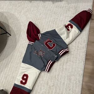 PrettyLittleThing Maroon Gray Cream Teddy Patch Cropped Varsity Jacket